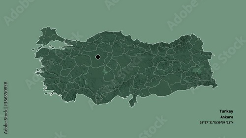 Siirt, province of Turkey, with its capital, localized, outlined and zoomed with informative overlays on a administrative map in the Stereographic projection. Animation 3D photo