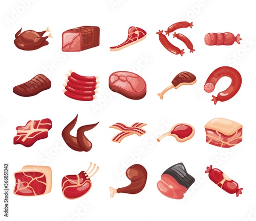 bundle of meat cuts set icons