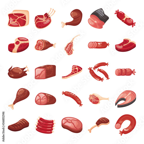 bundle of meat cuts set icons