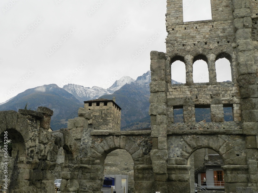Aosta, Italy, Roman Ruin with Alpine Backdrop