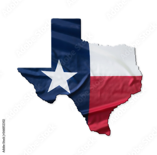 Texas flag waving fabric texture on the state map outline. Isolated on white background.