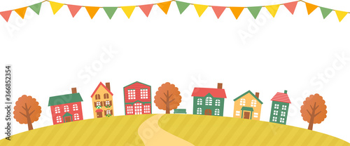 ガーランドと秋のかわいい欧風の街並み　横長