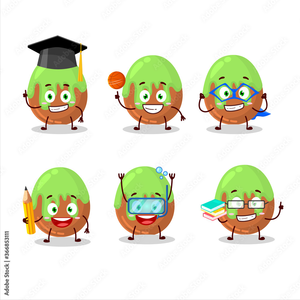 School student of choco green candy cartoon character with various expressions School student of choco green candy cartoon character with various expressions