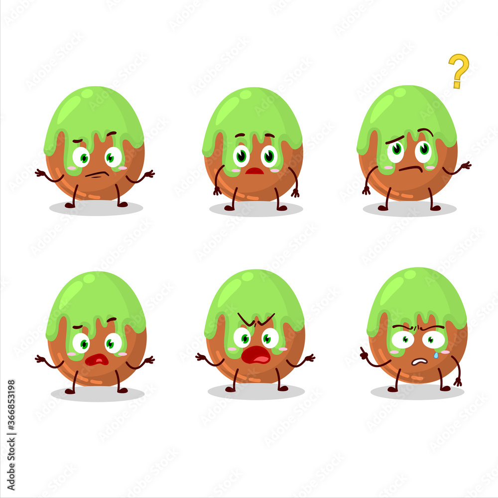 Cartoon character of choco green candy with what expression