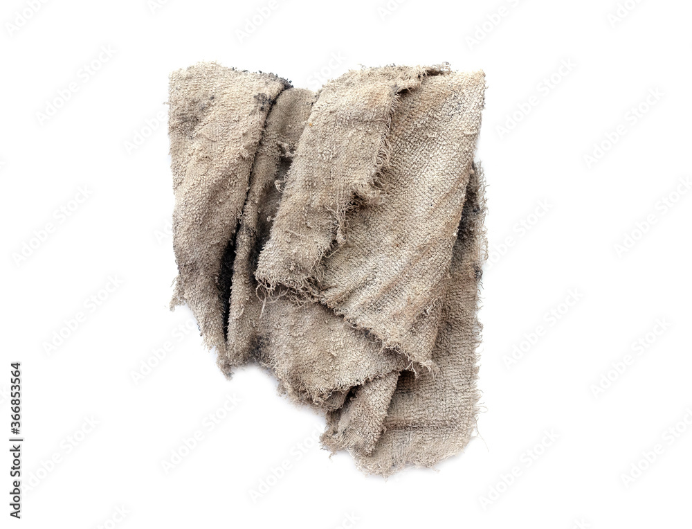 Old dirty torn rag isolated on white background. Cleaning rag. Stock Photo