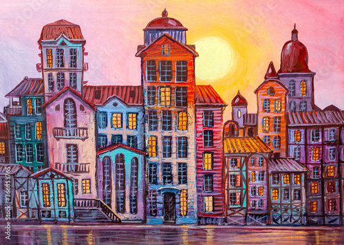 Beautiful Buildings.  Cityscape panorama., oil painting, artistic background. © serge-b