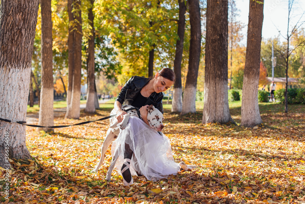 Ballerina with Dalmatian dog in the Park. Woman ballerina in a white ballet skirt and black leather jacket and in pointe shoes in autumn park hugging her spotty dalmatian dog.