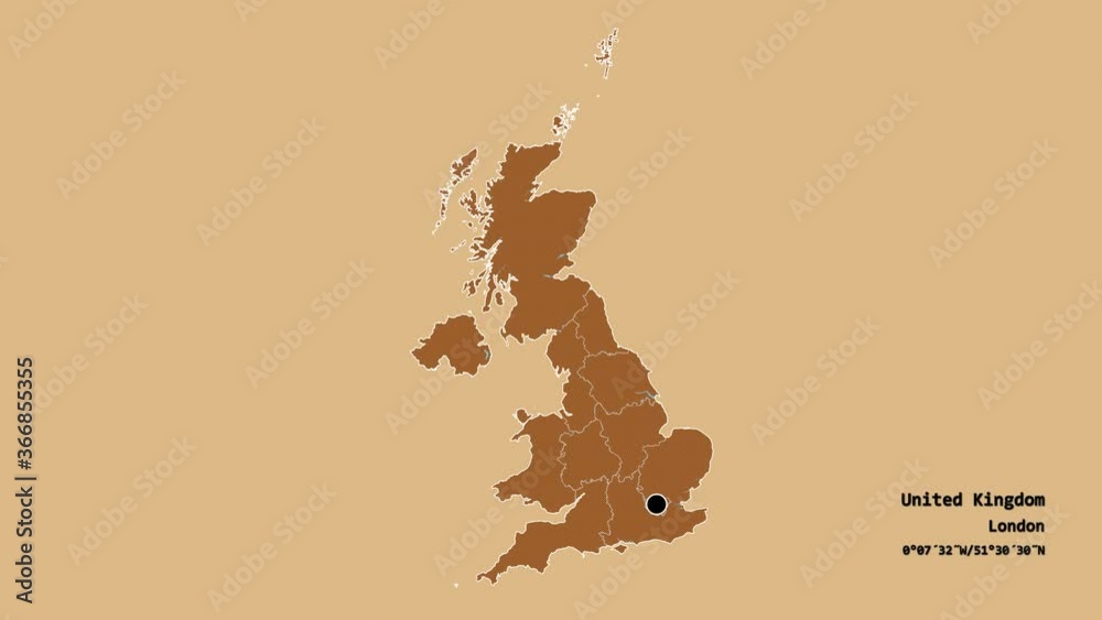 East of England, region of United Kingdom, with its capital, localized, outlined and zoomed with informative overlays on a solid patterned map in the Stereographic projection. Animation 3D East of England, region of United Kingdom, with its capital, localized, outlined and zoomed with informative overlays on a solid patterned map in the Stereographic projection. Animation 3D