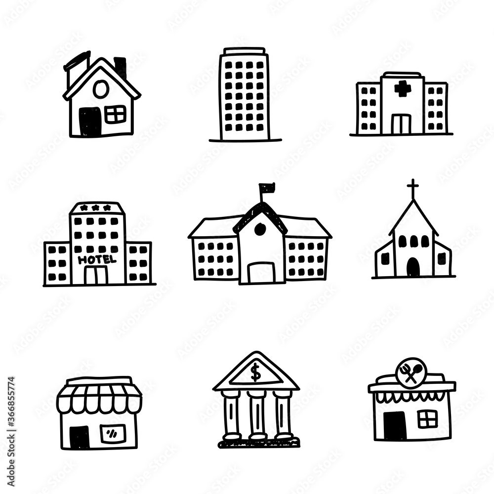 Set of buildings doodle icon with black design isolated on white background 