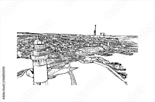 Building with landmark of Aberdeen is a port city in northeast Scotland. Hand drawn sketch illustration in vector.
