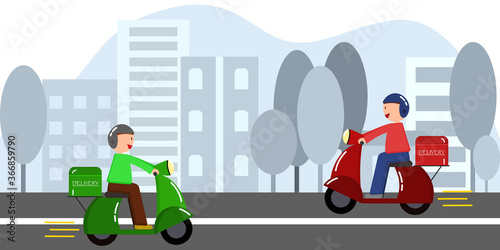 Illustrator vector of a men drive scooter for delivery service in the city, delivery man