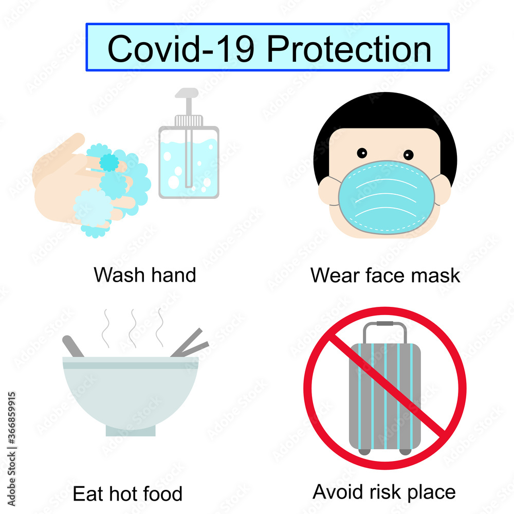 Illustrator vector for virus covid-19 protection,wash hand,wear mask, eat hot and clean food, avoid risk place