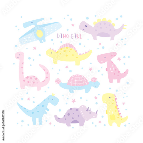 Set of Cute Girly Dinosaurs in pastel colors with stars on white background.
