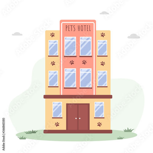Pets hotel. Veterinary hospital services and domestic animals hotels. Dogs grooming and health check center. Vet clinic, robotic pet sitters metaphors. Vector illustrations in flat style.