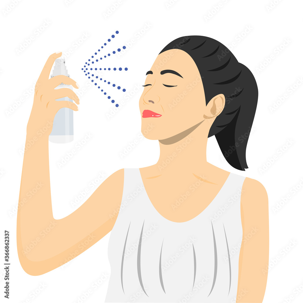 woman spraying mineral water on her face vector.facial spray. woman spraying mineral water on her face vector.facial spray.