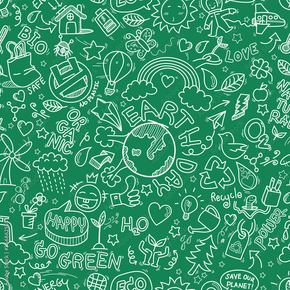 Earth day doodles seamless pattern background. hand drawn of Earth day, Ecology , go green, clean power doodle set isolated on green background, doodles sketch illustration vector