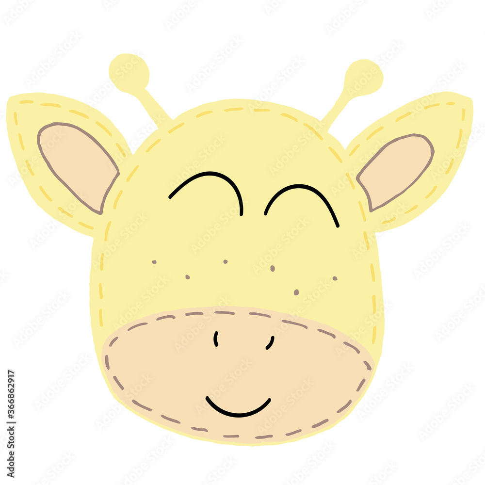 Fototapeta premium cute kawaii yellow giraffe head with funny ears and horns, kids toy, vector element with decorative stitching seam