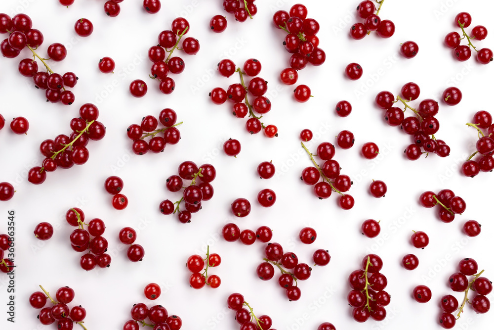 Red currant pattern. Random repeat tossed berries. Top view photo. Flat lay image. Scarlet currants many branches. Isolated on white background. Organic vegan healthy natural food. Ripe raw berry. Red currant pattern. Random repeat tossed berries. Top view photo. Flat lay image. Scarlet currants many branches. Isolated on white background. Organic vegan healthy natural food. Ripe raw berry.