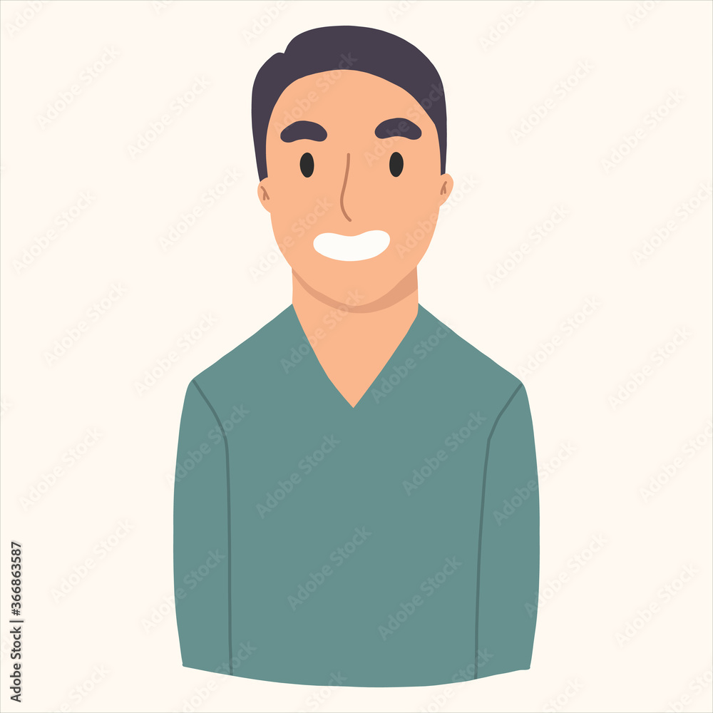 Young man vector cartoon character in blue blouse and black hair. Hand drawn portrait illustation. Young man vector cartoon character in blue blouse and black hair. Hand drawn portrait illustation.