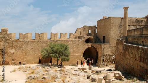 Lindos, the Acropolis Hill, ruins of the ancient fortress and the Castle of the Knights of St. John. Lindos, Rhodes, Greece
