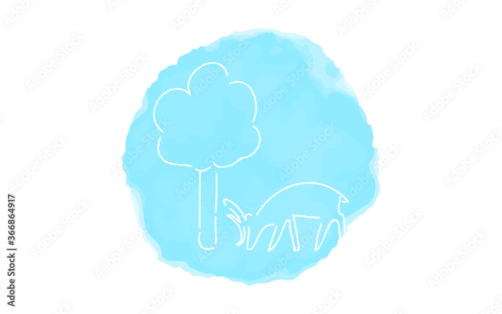 アナログ手書き風のゆるいタッチのアイコン：鹿と木