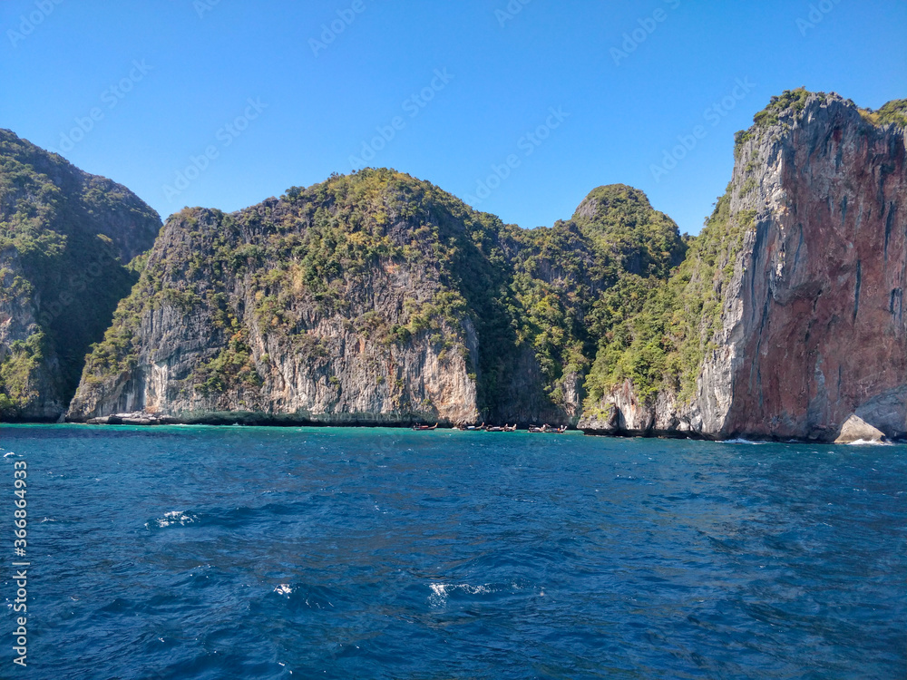 Epic limestone cliff rocks structure in Koh Phi Phi Island Thailand.