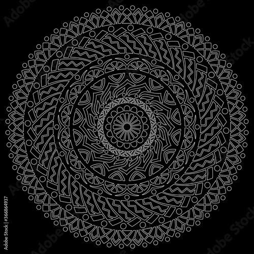 White outline mandala on a black doodles sketch