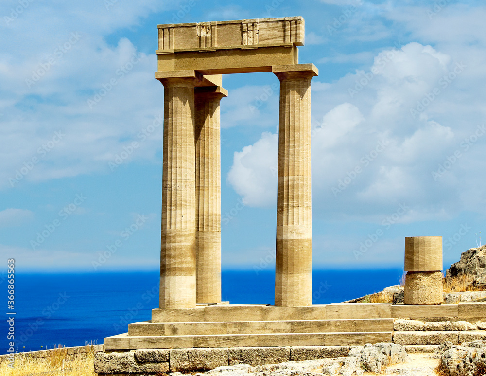 
Acropolis of Lindos, the ruins of an ancient temple and the remains of the Doric columns. Lindos, Rhodes, Greece
