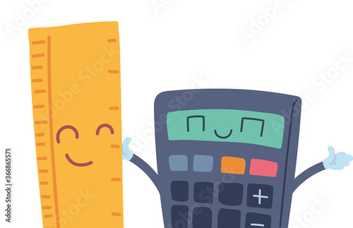 calculator and rule sheet with happy face cartoon