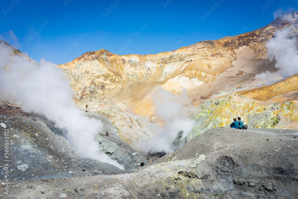 Views inside active Mutnovsky volcano on Kamchatka, hiking trail