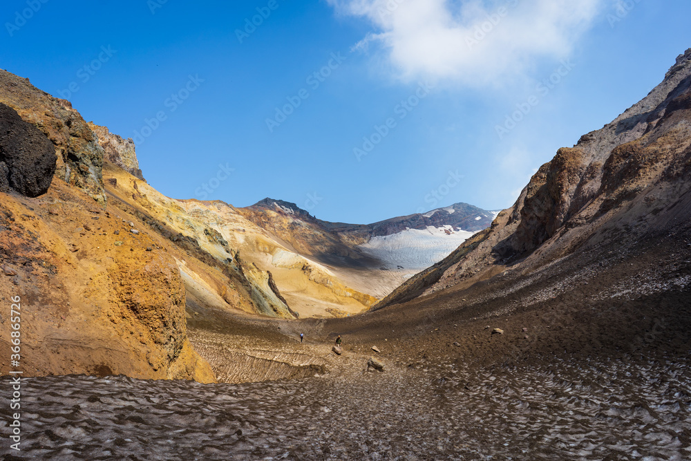 Views inside active Mutnovsky volcano on Kamchatka, hiking trail