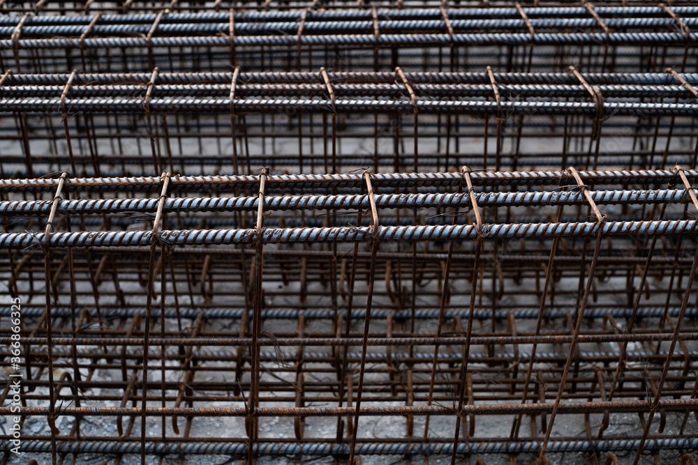 rebar steel bars, reinforcement concrete bars with wire rod used in foundation of construction site.