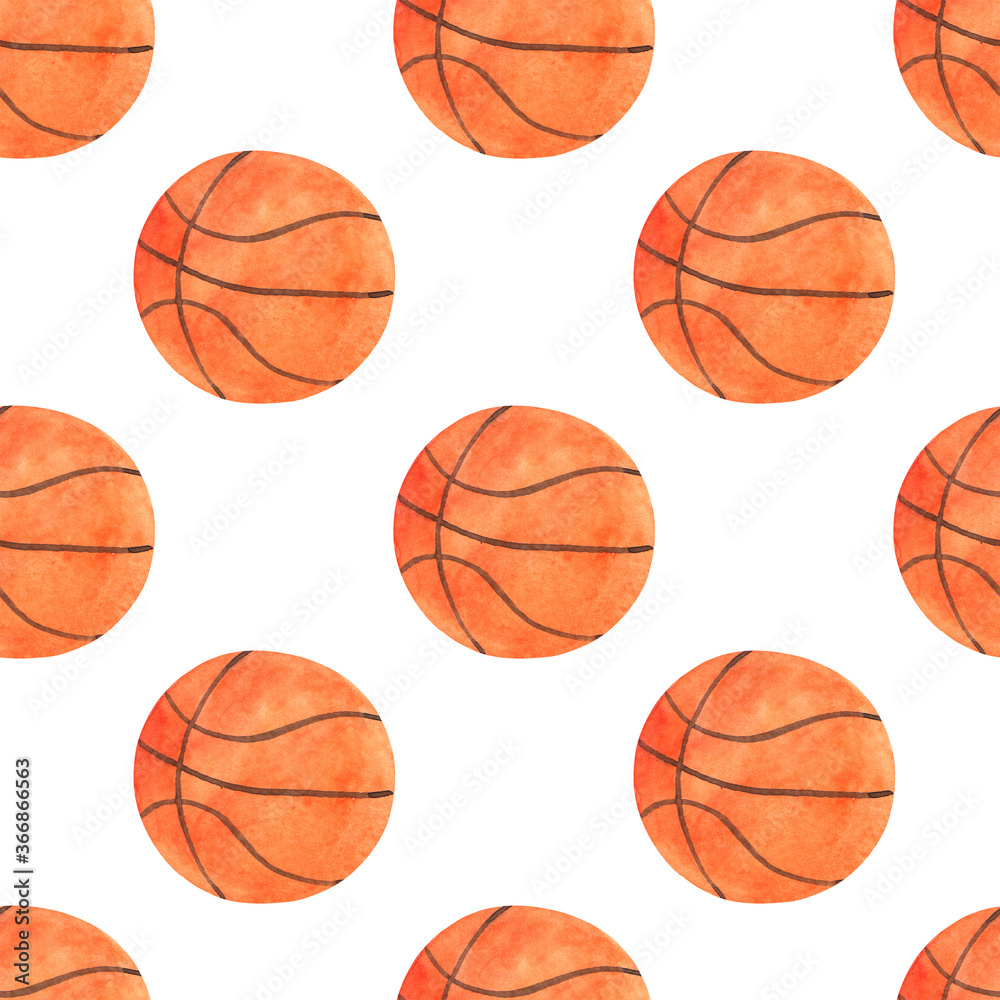 Seamless watercolor pattern with orange basketball ball on a white background.