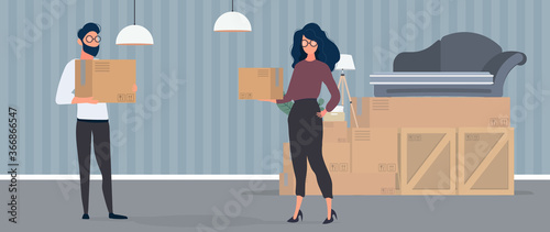 The guy and the girl are holding paper boxes in their hands. Large boxes, sofa. The concept of moving, changing housing, buying an apartment or moving an office. Vector.