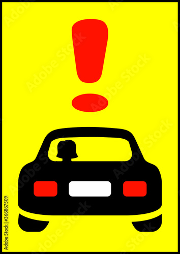 Attention woman driving a car road sign. Transport. Traffic Laws. Template with place for text. Avisha. Booklet. Background vector image. photo