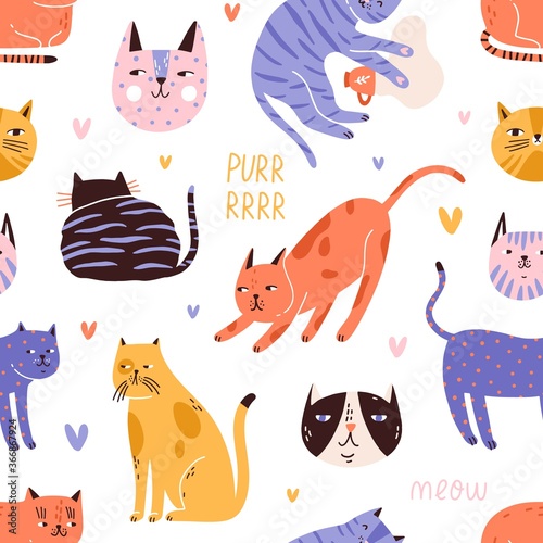 Backdrop with cute, funny cat head, muzzle, face, hearts and purr, meow text....