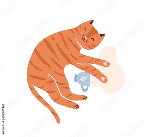 Childish red cat portrait with heart paws. Cute kitten, tabby pet spilled milk cup. Design, decorative animal scene for t shirt print. Flat vector cartoon illustration isolated on white background