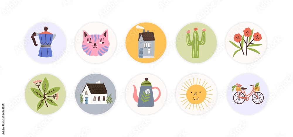 Collection of round childish tag, sticker. Design, decorated scrapbook elements. Muzzles, house, flower, bicycle, sun, pot, cactus badge. Flat vector cartoon illustration isolated on white background