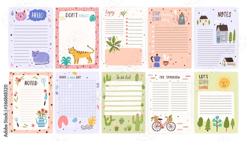 Childish cute agenda set, appointment notebook page with place for text. Empty sheets for to do list decorated with animal, house, plant. Flat vector cartoon illustration isolated on white background