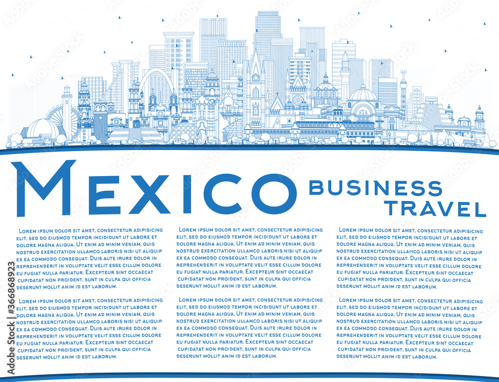 Outline Mexico (Country) City Skyline with Blue Buildings and Copy Space.