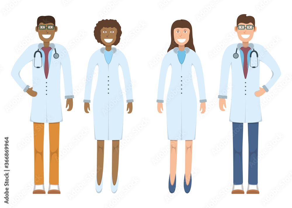 Character doctor standing isolated on white, flat vector illustration. Human male female important physician professional activity, smiling people.