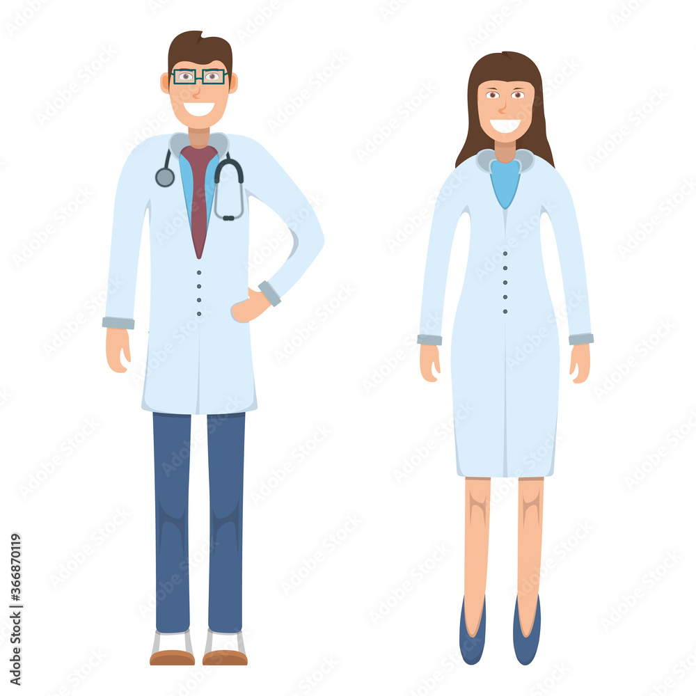 Character doctor standing isolated on white, flat vector illustration. Human male female important physician professional activity, smiling people. Character doctor standing isolated on white, flat vector illustration. Human male female important physician professional activity, smiling people.