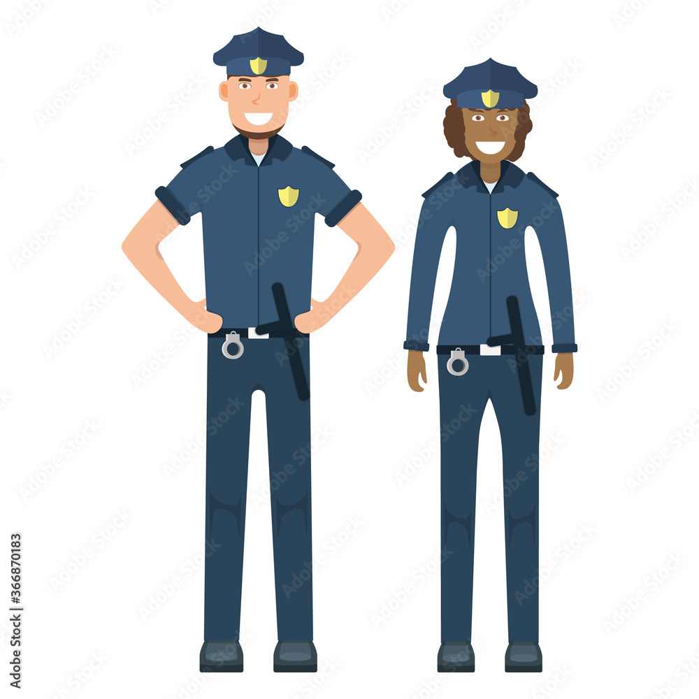 Pair character policeman standing isolated on white, flat vector illustration. Human female and male important professional activity, smiling people profession.