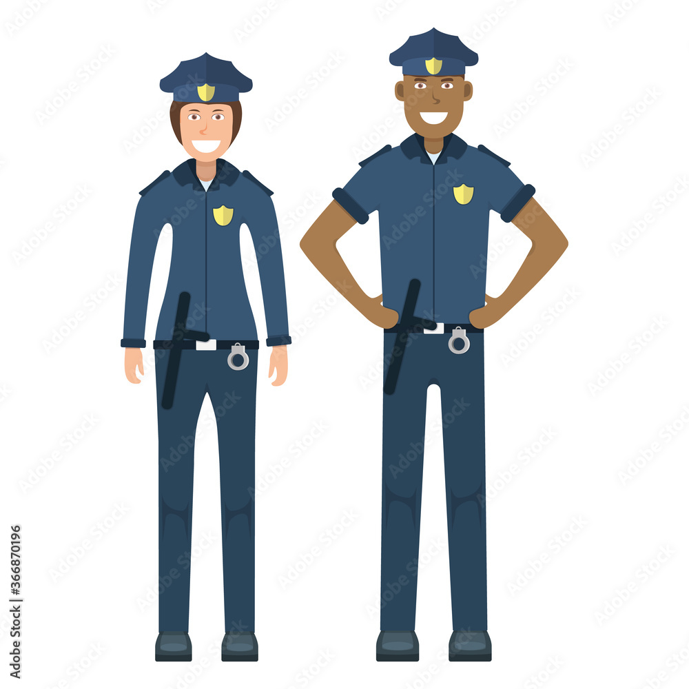 Pair character policeman standing isolated on white, flat vector illustration. Human female and male important professional activity, smiling people profession. Pair character policeman standing isolated on white, flat vector illustration. Human female and male important professional activity, smiling people profession.