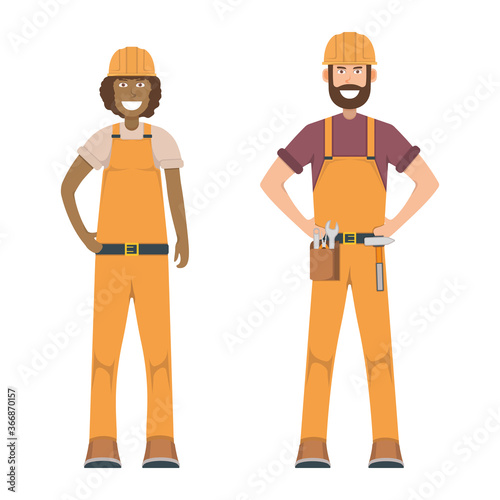 Character workman standing isolated on white, flat vector illustration. Human male and female important hard worker professional activity.