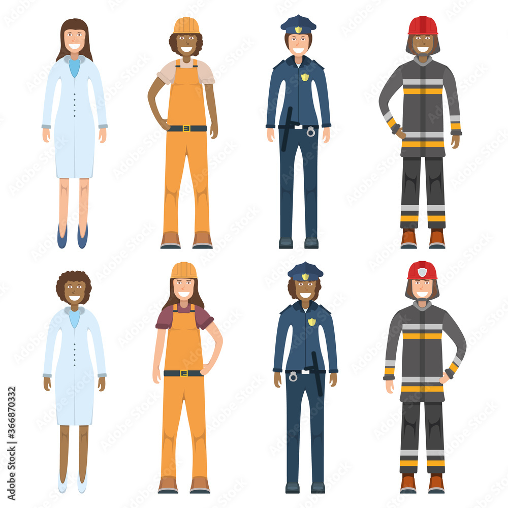 Character doctor, policeman, worker, firefighter standing isolated on white, flat vector illustration. Human female important professional activity, smiling people. Character doctor, policeman, worker, firefighter standing isolated on white, flat vector illustration. Human female important professional activity, smiling people.