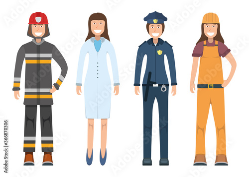 Character doctor, policeman, worker, firefighter standing isolated on white, flat vector illustration. Human female important professional activity, smiling people.
