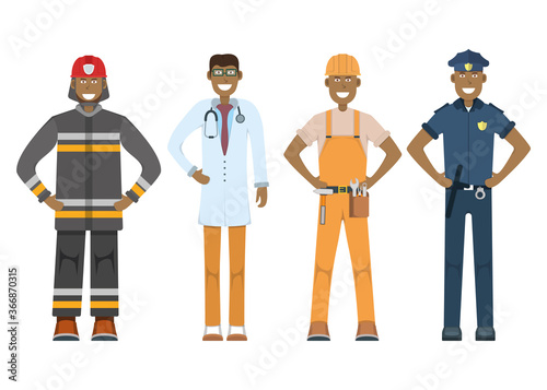 Character doctor, policeman, worker, firefighter standing isolated on white, flat vector illustration. Human male important professional activity, smiling people.