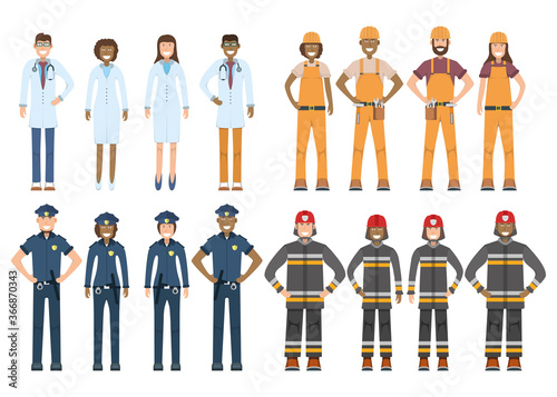 Character doctor, policeman, worker, firefighter standing isolated on white, flat vector illustration. Human male, female important professional activity, smiling people.