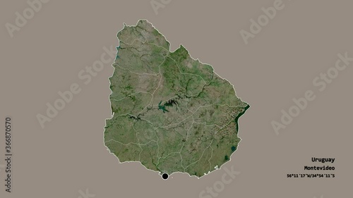 Soriano, department of Uruguay, with its capital, localized, outlined and zoomed with informative overlays on a satellite map in the Stereographic projection. Animation 3D photo